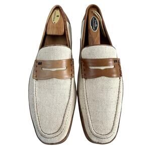 Moreschi Loafer Men’s 9.5 Made In Italy Canvas Fabric Luxury Leather Cream Tan